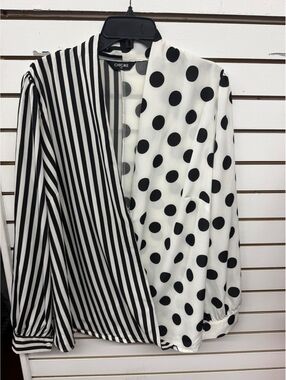 CHICME 1XL Black White Mixed Print Striped Polka Dot Open Front Blouse